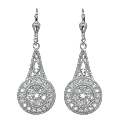 Irish Earrings | Rhodium Plated Sterling Silver with Crystal Celtic Trinity Knot Circle Drop Earrings