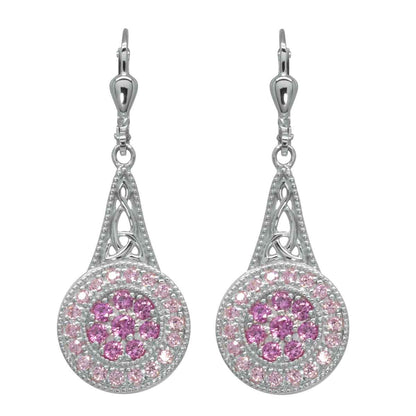 Irish Earrings | Rhodium Plated Sterling Silver with Crystal Celtic Trinity Knot Circle Drop Earrings