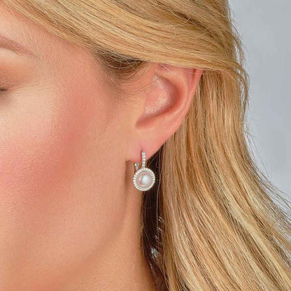 Irish Earrings | Sterling Silver Crystal Halo Pearl Huggie Earrings