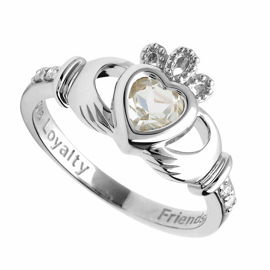 Irish Ring | 14k White Gold Diamond Love Loyalty Friendship Birthstone Claddagh Ring
