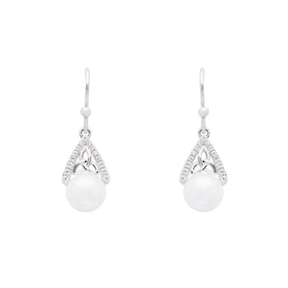 Irish Earrings | Sterling Silver CZ Trinity Knot Pearl Earrings