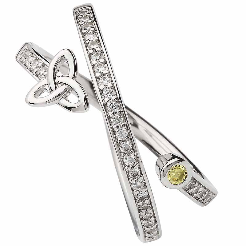 irish ring | sterling silver crystal & peridot crossover trinity knot ring