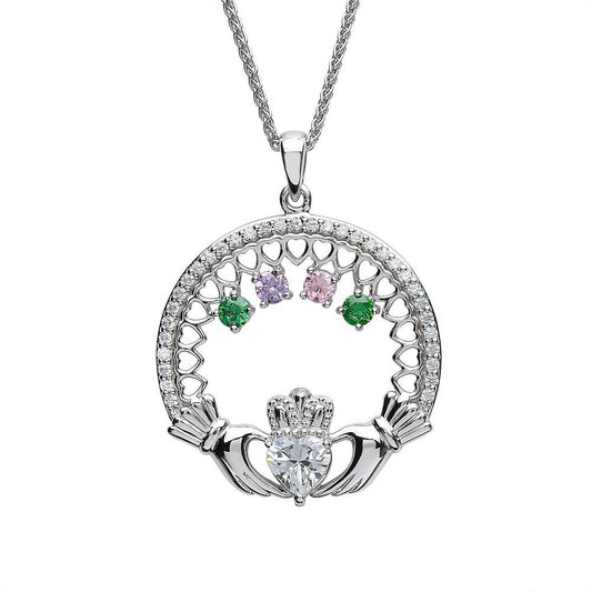 Claddagh Necklace | Mother's Family Birthstone Sterling Silver Pendant