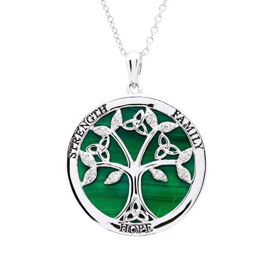 Irish Necklace | Sterling Silver Malachite  CZ Celtic Tree of Life Pendant