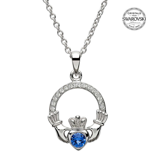 Irish Necklace | Sterling Silver Claddagh Swarovski Crystal Birthstone Pendant