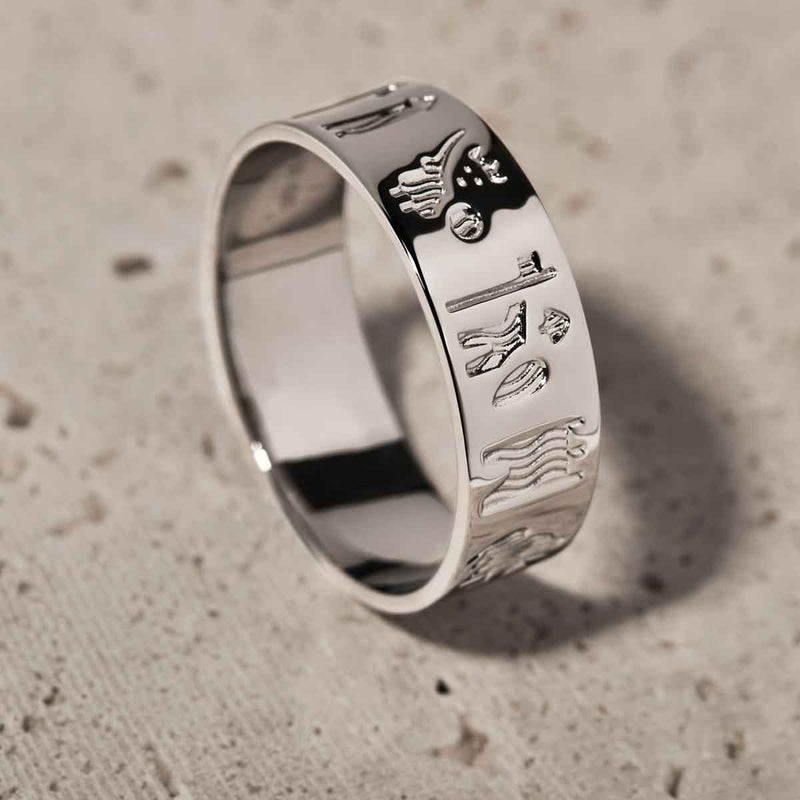 Sterling Silver History of Ireland Ring on a textured beige background