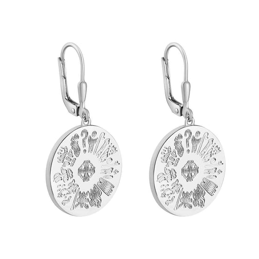 Pair of Sterling Silver History of Ireland Disc Earrings on a white background