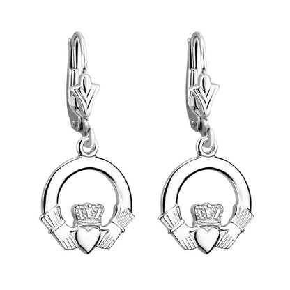 Irish Earrings | 14k White Gold Drop Claddagh Earrings