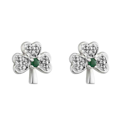 14k White Gold with Emerald and Diamonds Shamrock Earrings