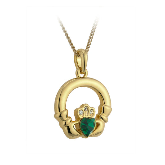 Irish Necklace | Gold Plated Green Crystal Heart Claddagh Pendant