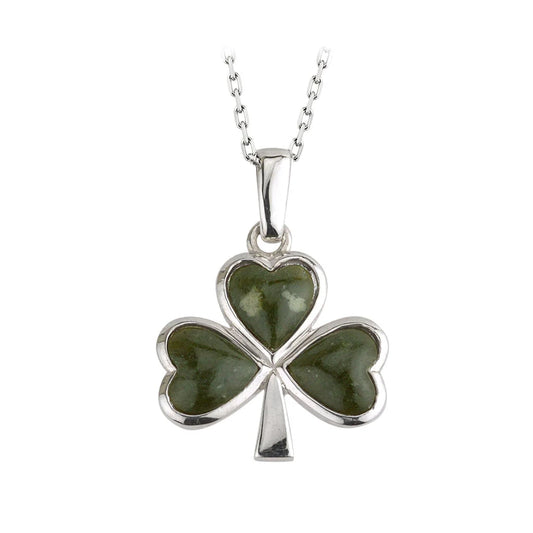 Sterling Silver and Connemara Marble Shamrock Pendant with Chain