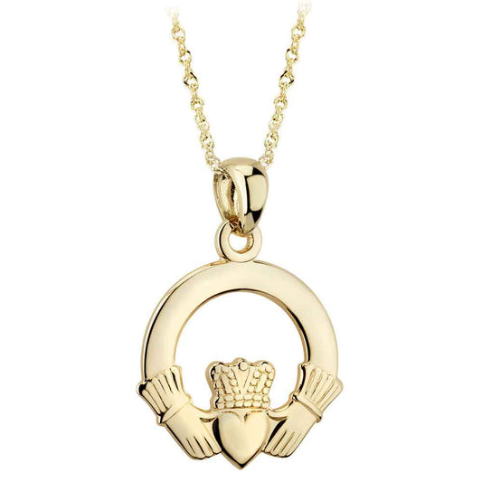 Irish Necklace - 14k Yellow Gold Claddagh Pendant with Chain - Large