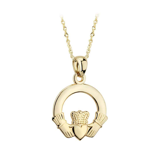 Irish Necklace - 14k Gold Claddagh Pendant with Chain