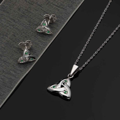 Irish Necklace - 14k White Gold Trinity Knot with Emeralds Pendant with Chain