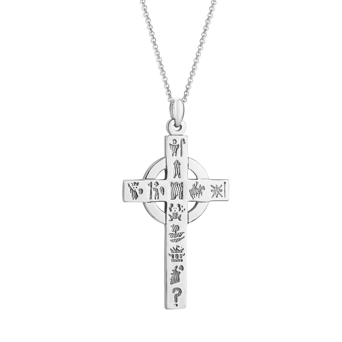sterling silver history of ireland celtic cross pendant on a white background