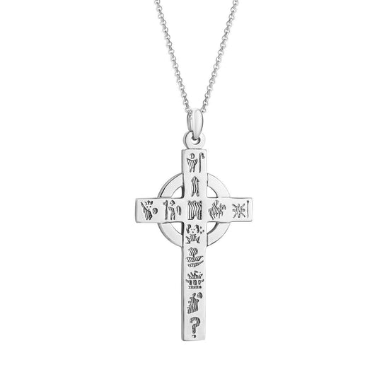 Sterling Silver History of Ireland Celtic Cross Pendant on a white background