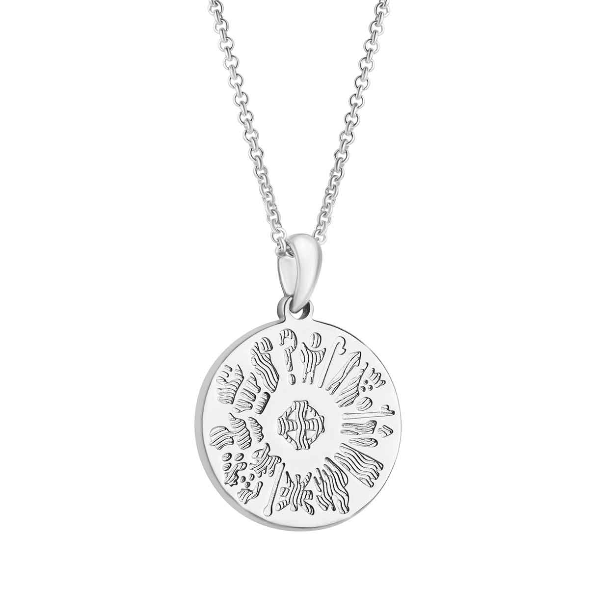 history of ireland sterling silver disc irish pendant on a white background