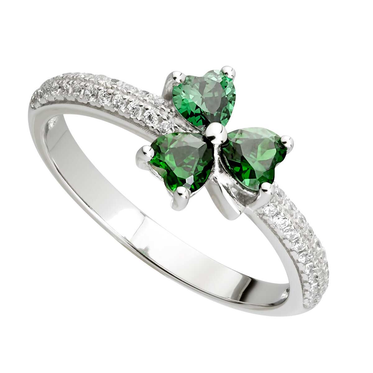 irish ring | sterling silver green crystal shamrock ring
