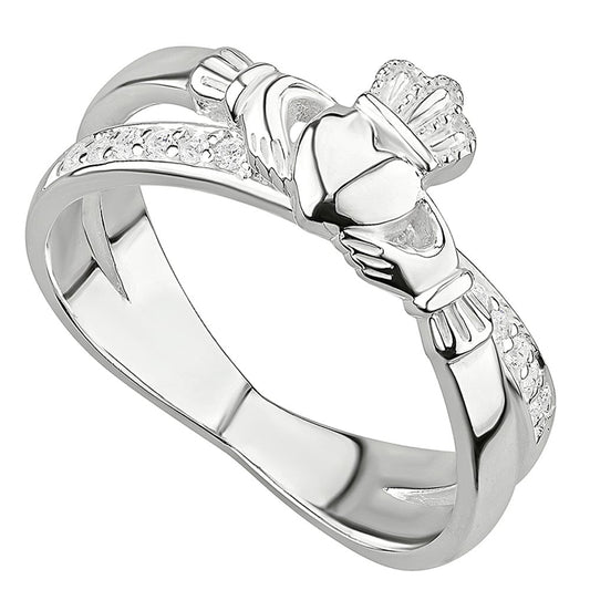 Irish Rings | Sterling Silver Ladies Crystal Crossover Claddagh Ring
