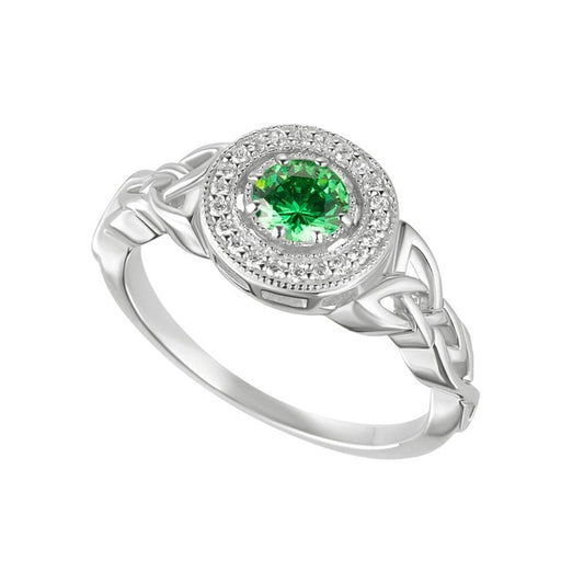 Irish Ring | Sterling Silver Green Crystal Cluster Halo Trinity Knot Ring