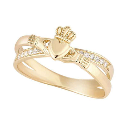 Irish Ring | 9k Gold Cubic Ziconia Crossover Claddagh Ring