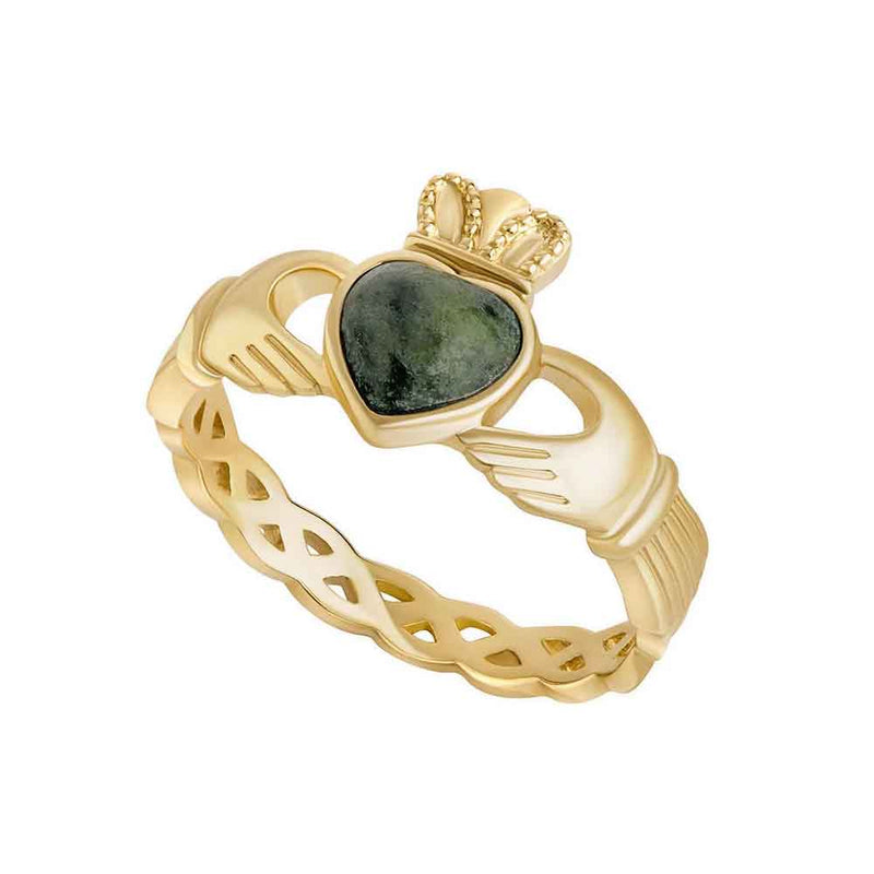 Irish 10K Gold Ladies Claddagh Ring featuring a Celtic knotwork weavev band,with a Connemara Marble heart  on a white background