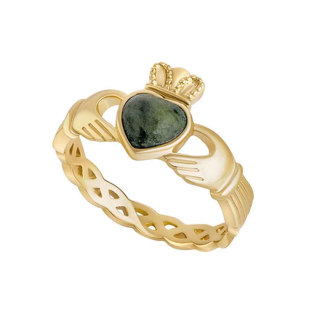 irish 10k gold ladies claddagh ring featuring a celtic knotwork weavev band,with a connemara marble heart  on a white background