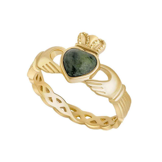 Irish 10K Gold Ladies Claddagh Ring featuring a Celtic knotwork weavev band,with a Connemara Marble heart  on a white background