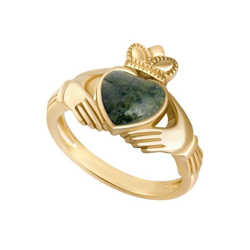 Irish 10K Gold Mens Claddagh Ring with a Connemara Marble heart on a white background