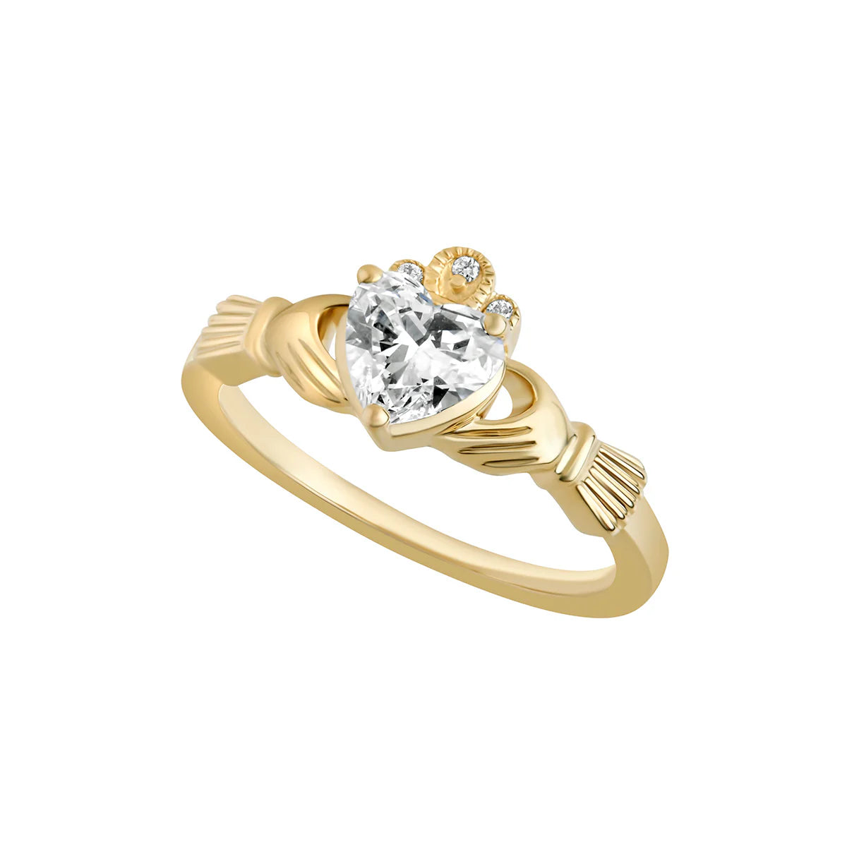 14k gold 0.75ct diamond heart claddagh ring on a white background