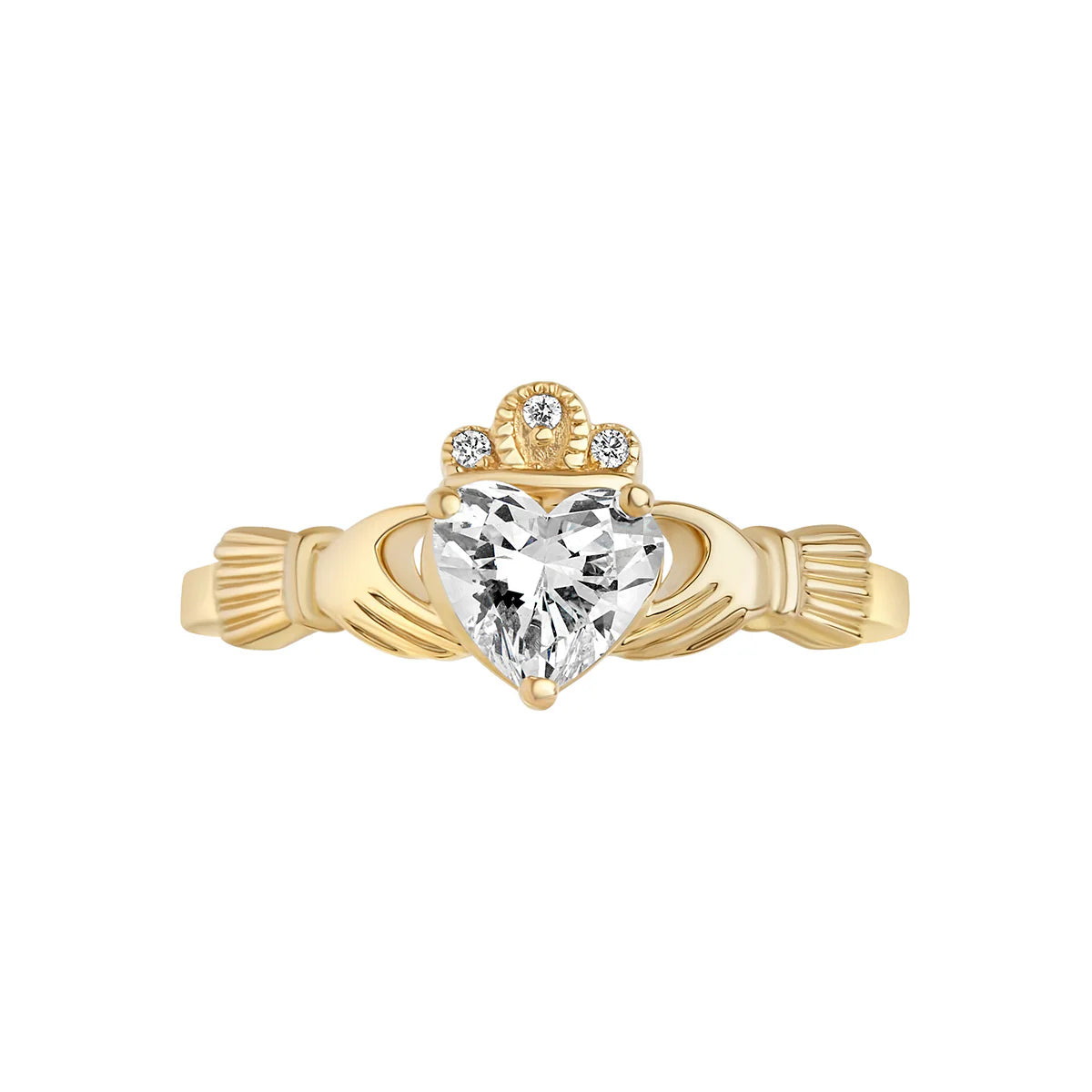 face on view of a 14k gold 0.75ct diamond heart claddagh ring on a white background