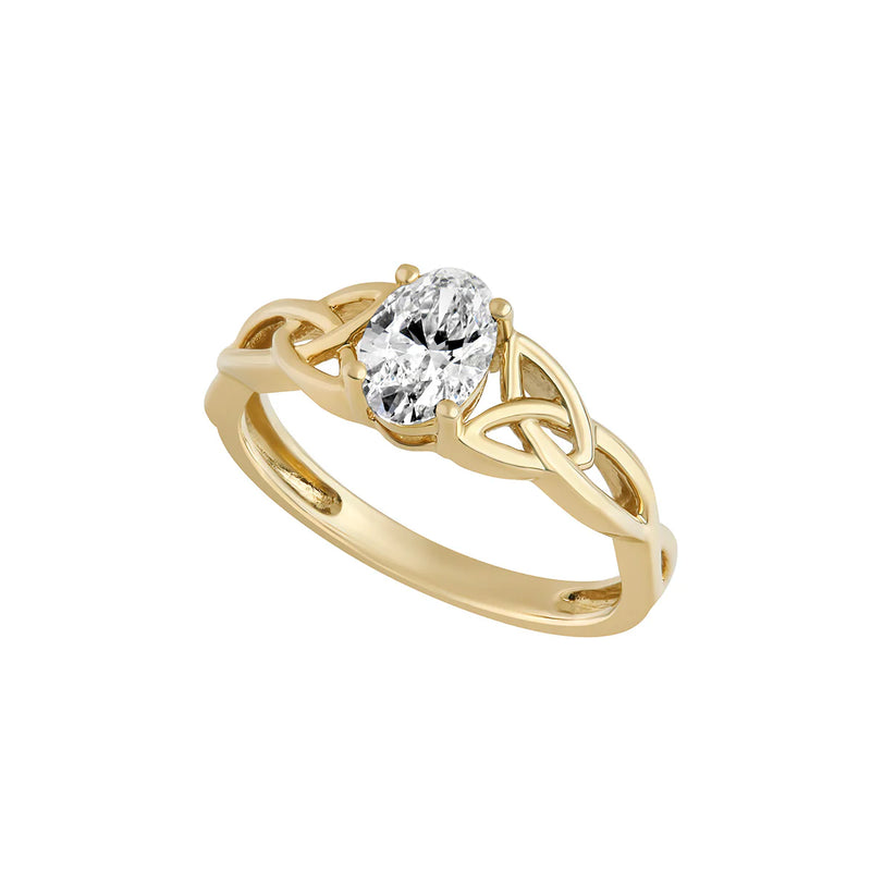14k Gold 0.75ct Oval Diamond Celtic Trinity Knot Ring on a white background