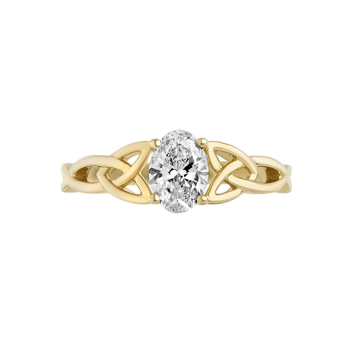 face on view of 14k gold 0.75ct oval diamond celtic trinity knot ring set against a white background