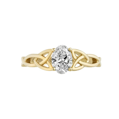 Face on view of 14k Gold 0.75ct Oval Diamond Celtic Trinity Knot Ring set against a white background