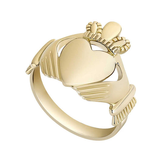 Large 14k Gold Mens Claddagh Ring on a white background