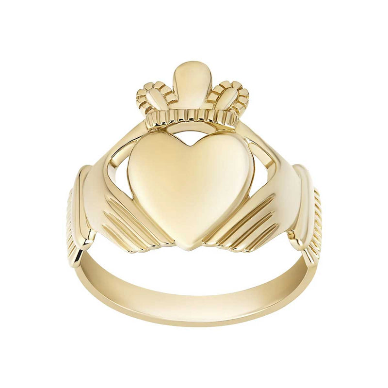 Large 14k Gold Mens Claddagh Ring front on, on a white background