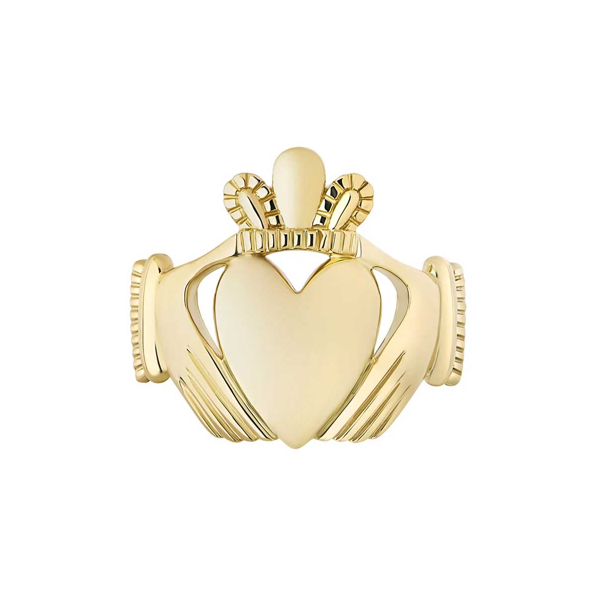 large 14k gold mens claddagh ring face on view on a white background