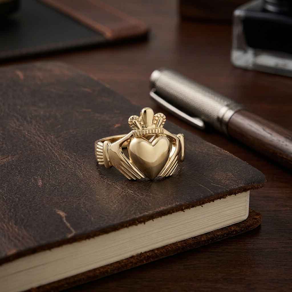 an irish large 14k gold mens claddagh ring, resting on a dark brown leather notebook next to a silver pen on a wooden desk.