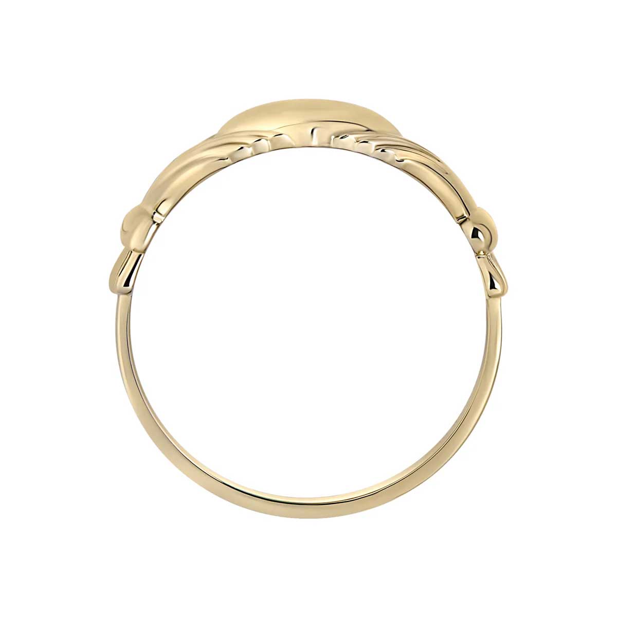 large 10k gold mens claddagh ring side profile, shown against a plain white background.