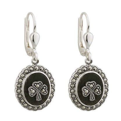 Sterling Silver Marcasite Shamrock Marble Earrings