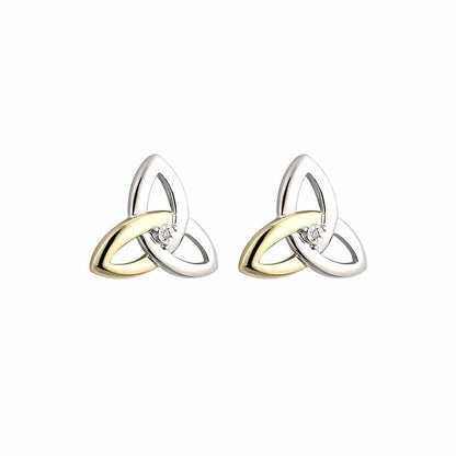 Irish Earrings | Diamond Sterling Silver and 10k Yellow Gold Stud Celtic Trinity Knot Earrings