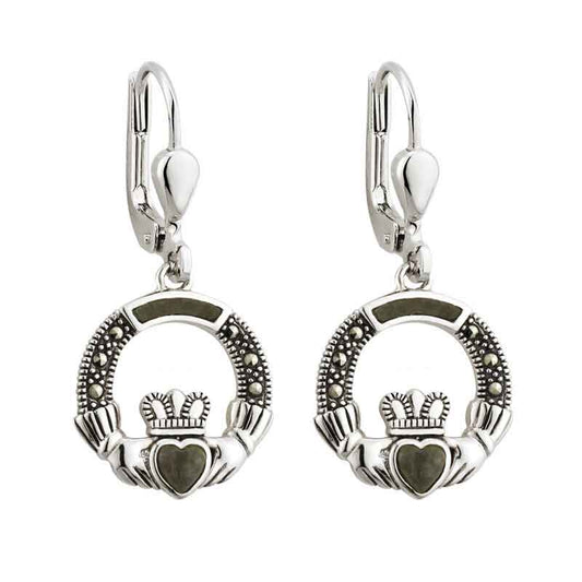 Claddagh Earrings - Sterling Silver Marcasite & Connemara Marble Claddagh Drop Earrings