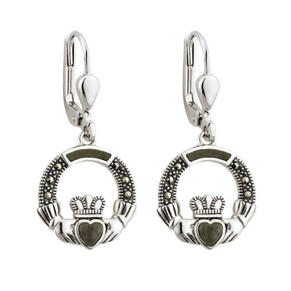Claddagh Earrings - Sterling Silver Marcasite & Connemara Marble Claddagh Drop Earrings
