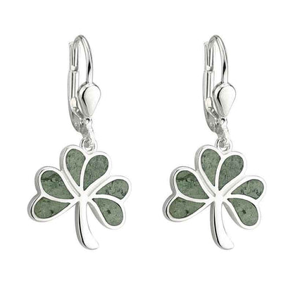 Shamrock Earrings - Sterling Silver Connemara Marble Shamrock Drop Earrings