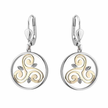Irish Earrings | Diamond Sterling Silver and 10k Yellow Gold Round Celtic Spiral Triskele Earrings