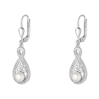 Irish Earrings | Sterling Silver Twisted Crystal Trinity Knot Pearl Earrings