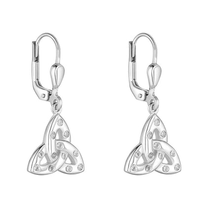 Irish Earrings | Sterling Silver Flush Set Crystal Drop Trinity Knot Earrings