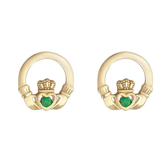 Irish Earrings | 9k Gold Green Crystal Stud Claddagh Earrings