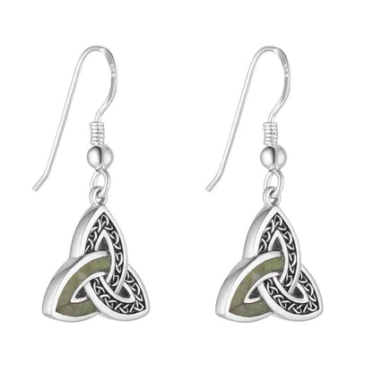 A pair of Sterling Silver Connemara Marble Accent Celtic Trinity Knot Earrings on a white background