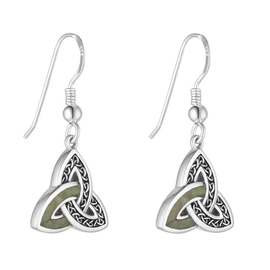 A pair of Sterling Silver Connemara Marble Accent Celtic Trinity Knot Earrings on a white background